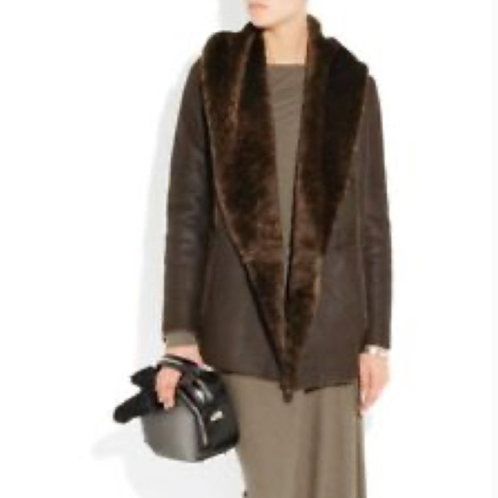 VINCE Shearling Jacket with Hood in Chocolate Brown - Size L